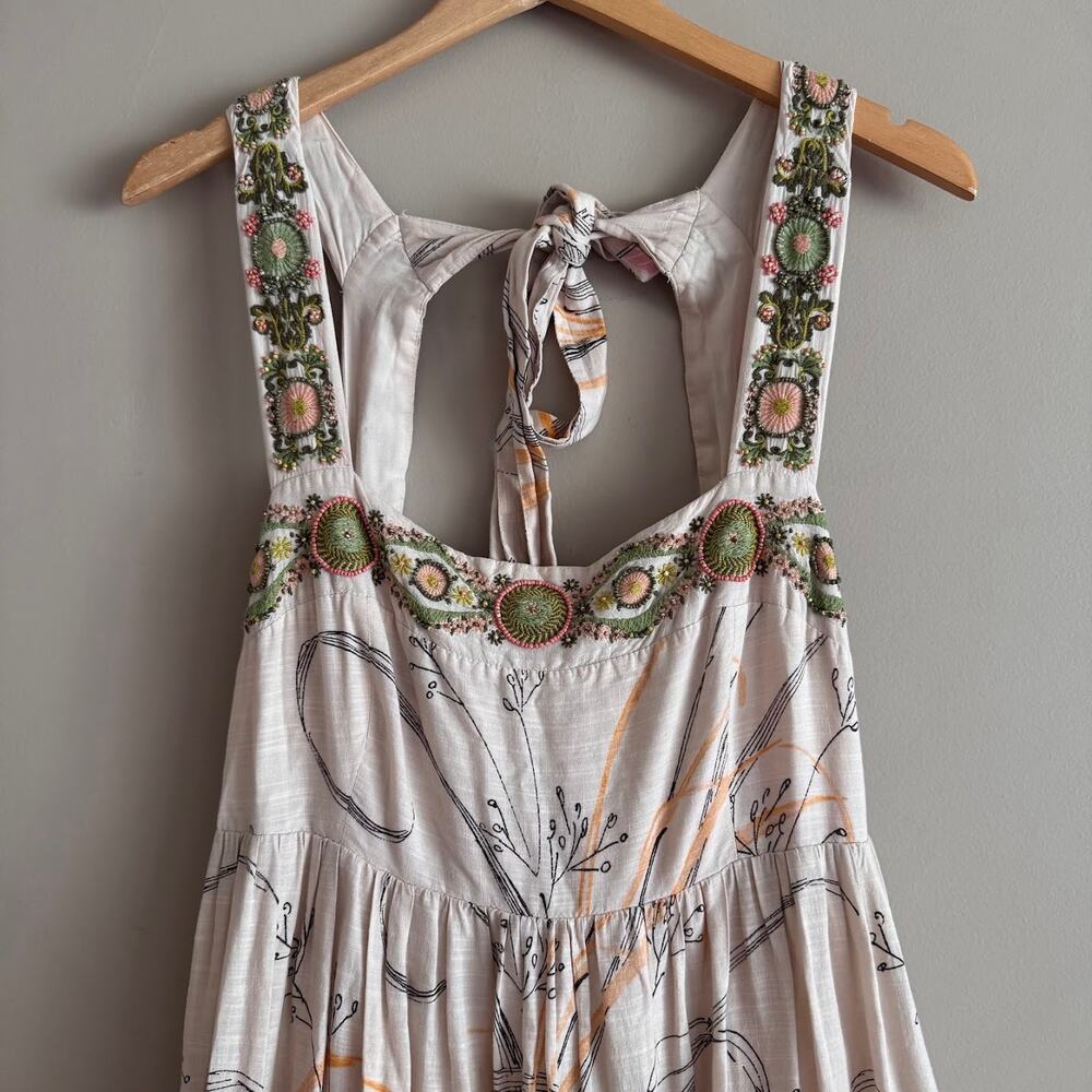 By Anthropologie Embroidered Square-Neck Floral Tiered Maxi Dress Beaded Boho L - Picture 3 of 10